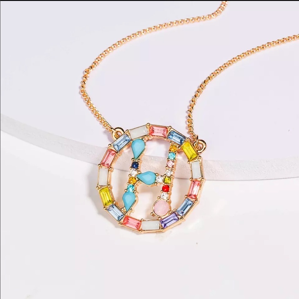 Round Circle Large Gold Initial Letter Necklace Charm Crystal Link H